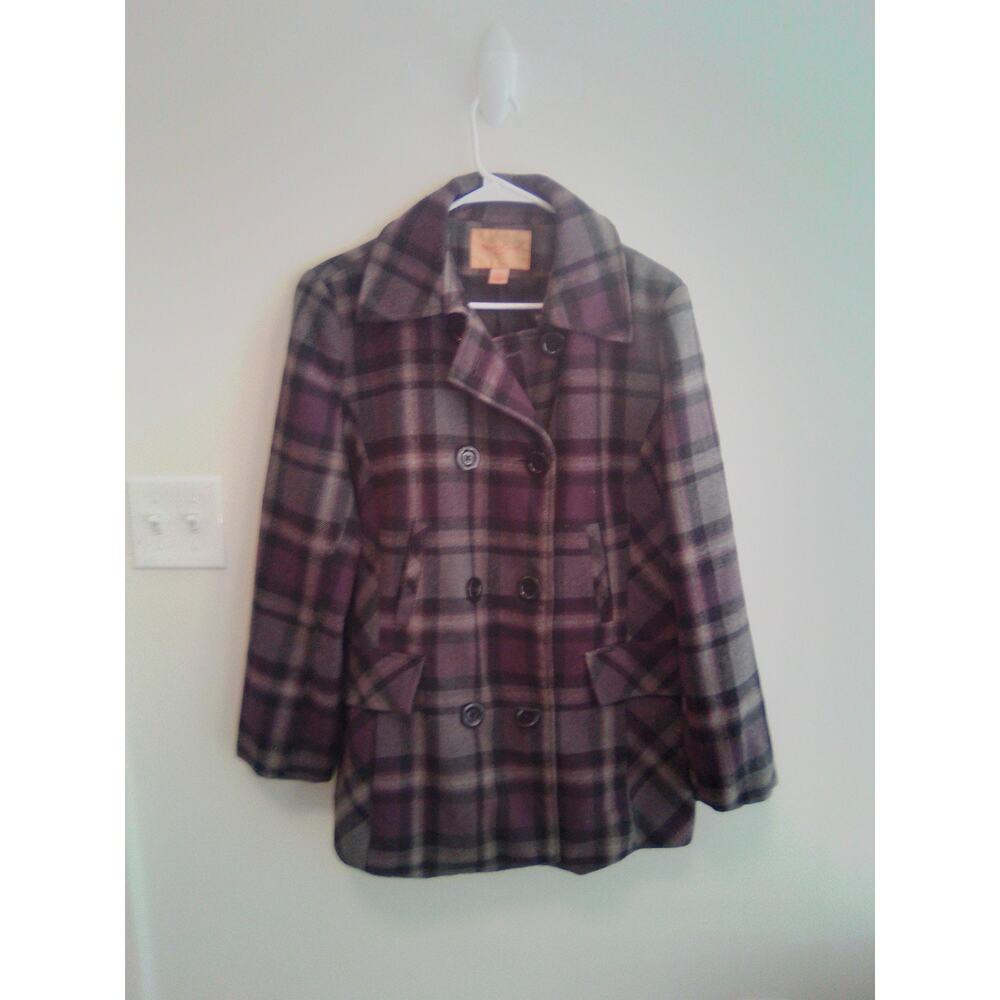 North Crest Women's Purple Plaid Pea Coat Double Breasted Wool Blend Jacket, Lg